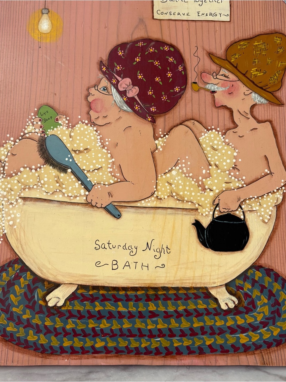 Vintage 1986 Hand Painted Folk Art Bath Wood Wall Plaque - Picture 3 of 9